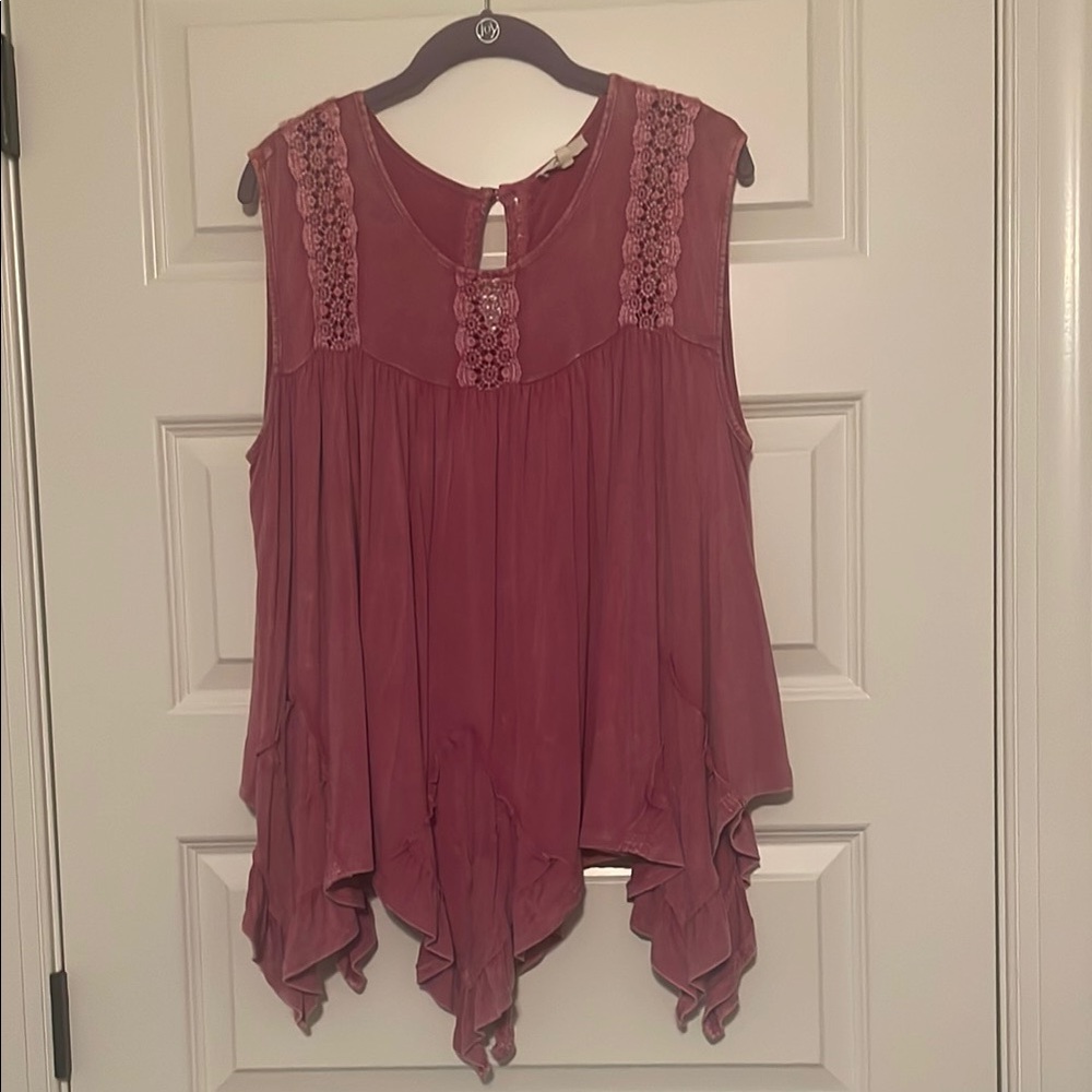 easel Mauve Dusty Pink  Lace-Trim Handkerchief Hem Sleeveless Top - Size Medium